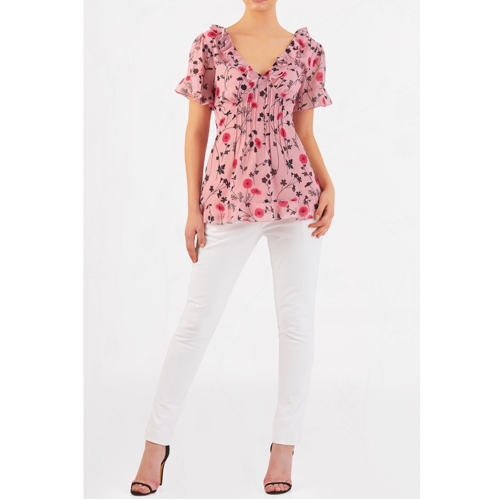 Eshakti Pink Floral Georgette Ruffle Empire Ruffles Dainty Short Sleeve Top L/XL